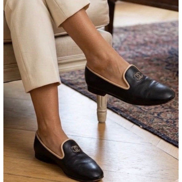 Shoes - Chanel Black and Cream Loafers with logo